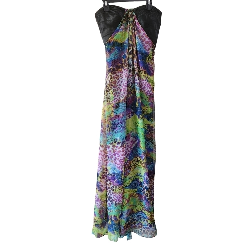 💜 HAILEY LOGAN X ADRIANA PAPELL Strapless Strappy Back Maxi Dress Leopard Y2k